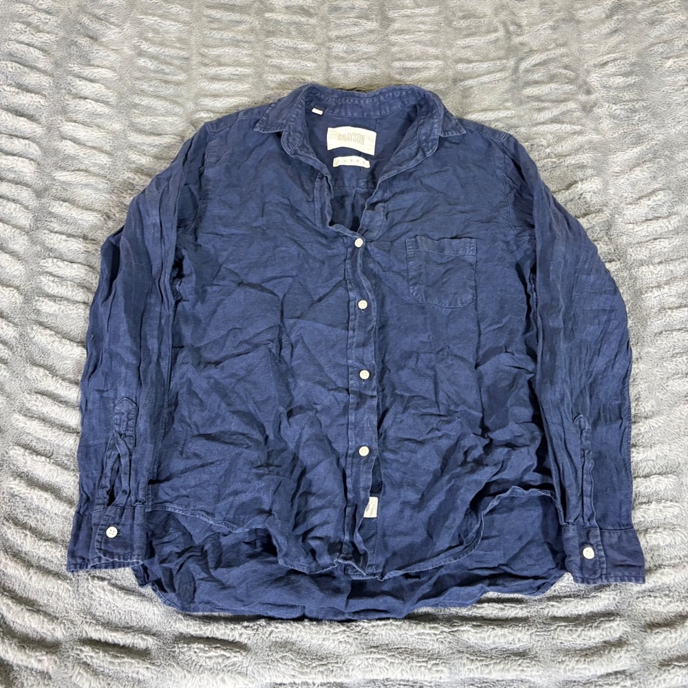 Grayson The Hero Navy Blue 100% Linen Button Down Shirt Womens Size 02 Medium